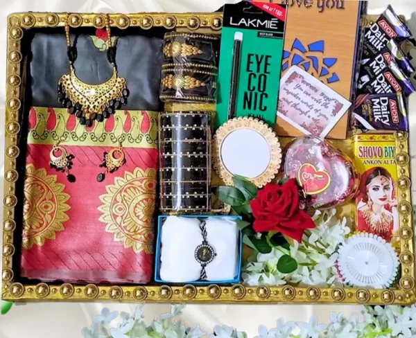 blakc katan saree , gift package,