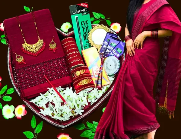 Best Gift for your Friends and Family Cotton Saree &  Jewellery Combo Set. marron colour