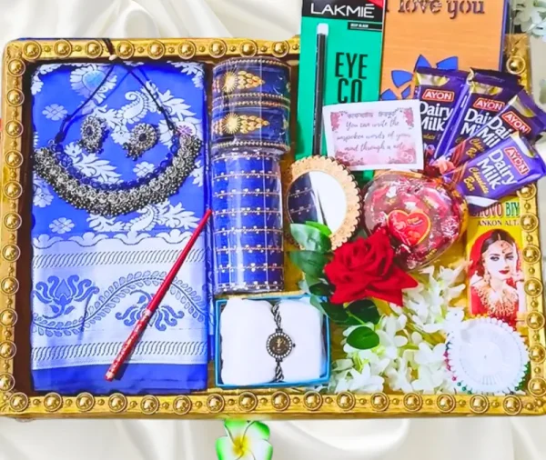 blue katan saree combo ,